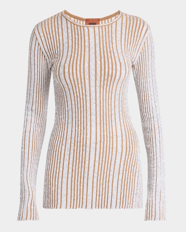 Paillette Striped Rib Crewneck Sweater